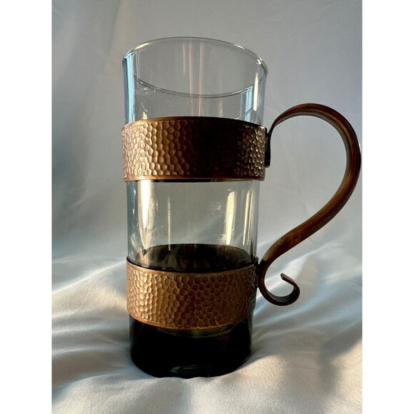 Vintage Smoke Glass Tumber / Highball Glass w/ Hammered Copper Holder - Picture 1 of 4